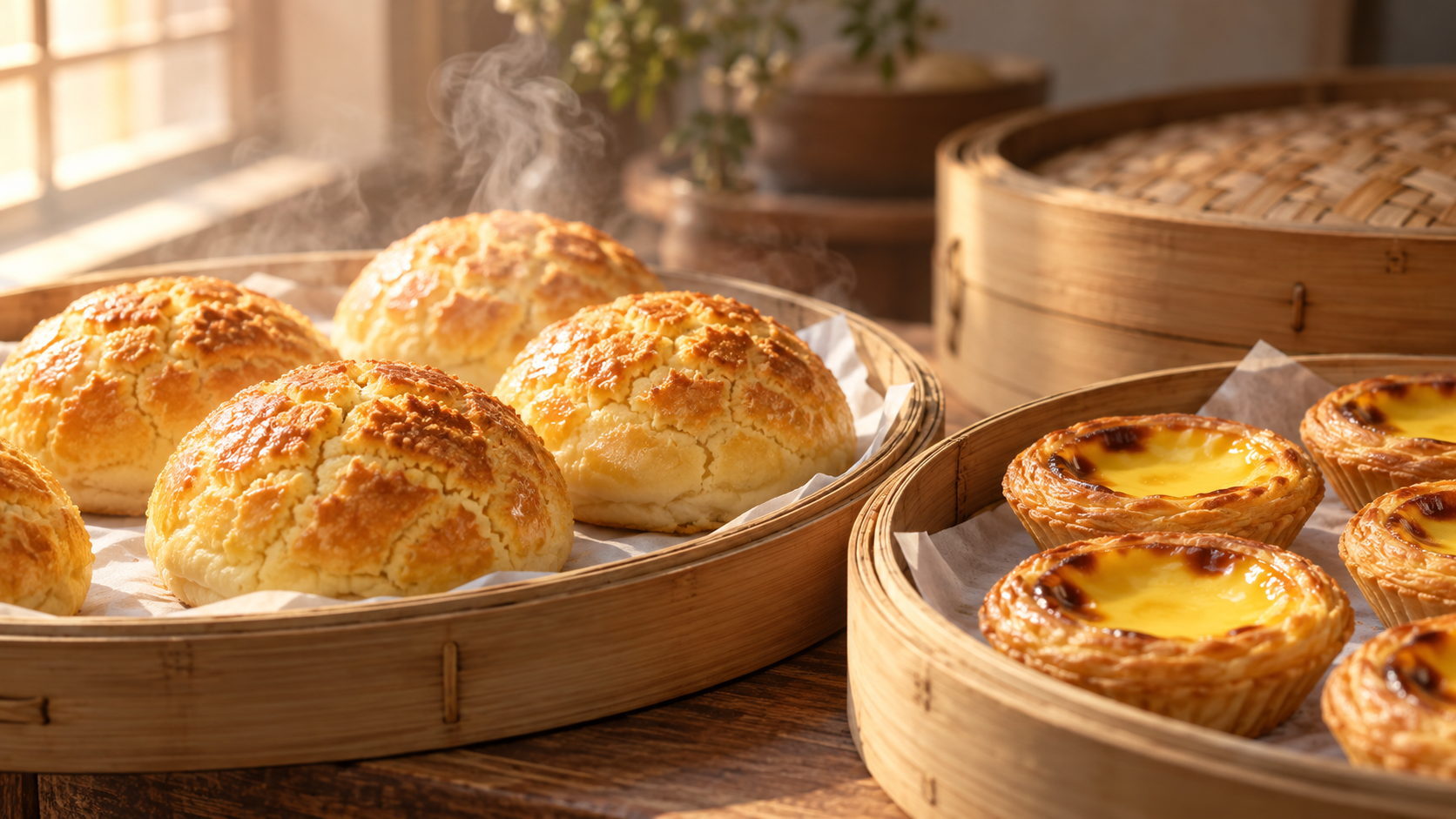 Illustrative pineapple buns and egg tarts on bamboo trays in morning light