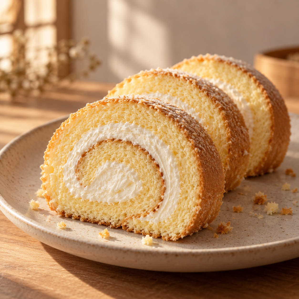 Illustrative sliced swiss roll rounds on a ceramic plate